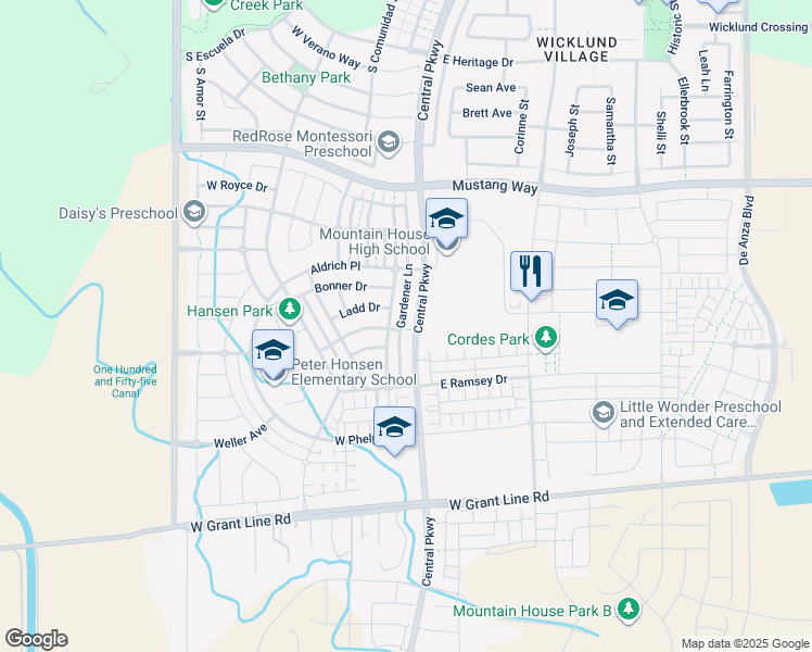 map of restaurants, bars, coffee shops, grocery stores, and more near 1211 South Central Parkway in Tracy