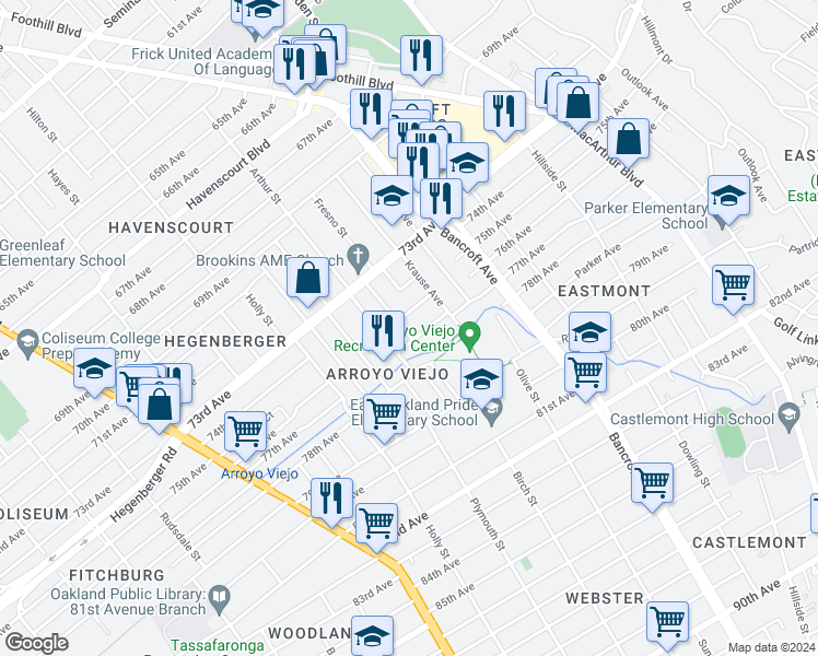 map of restaurants, bars, coffee shops, grocery stores, and more near 7532 Deerwood Avenue in Oakland