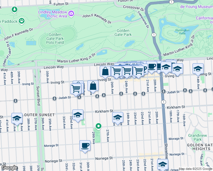 map of restaurants, bars, coffee shops, grocery stores, and more near 1334 27th Avenue in San Francisco