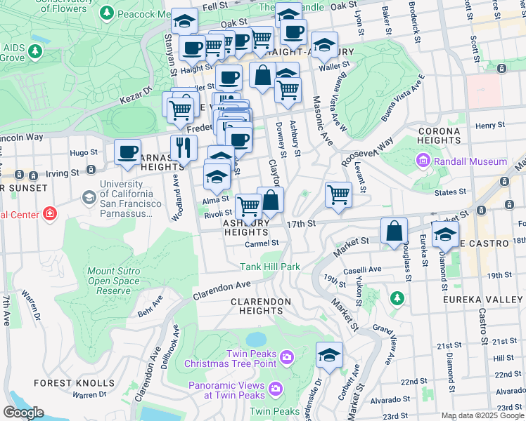 map of restaurants, bars, coffee shops, grocery stores, and more near 557 Belvedere Street in San Francisco