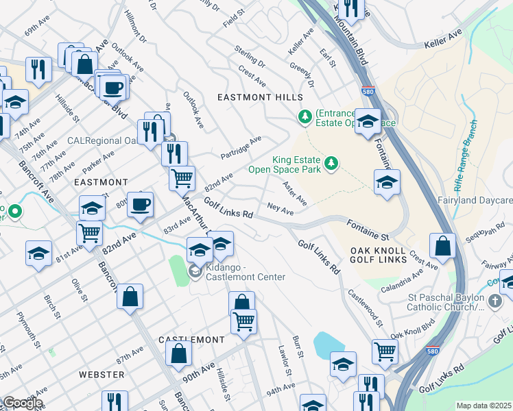 map of restaurants, bars, coffee shops, grocery stores, and more near 2925 El Monte Avenue in Oakland