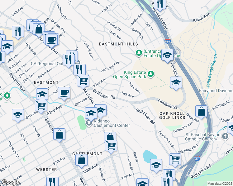 map of restaurants, bars, coffee shops, grocery stores, and more near 2925 El Monte Avenue in Oakland