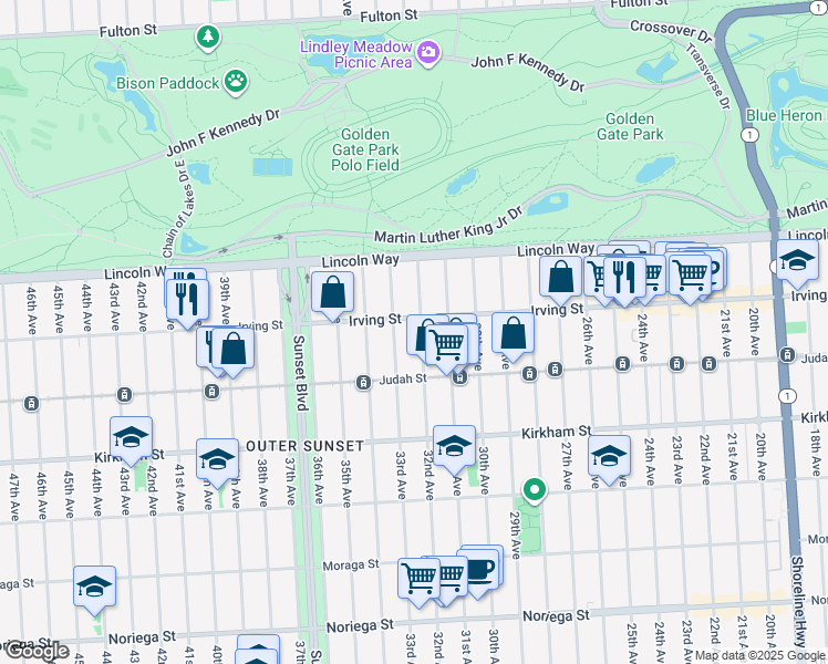 map of restaurants, bars, coffee shops, grocery stores, and more near 1319 32nd Avenue in San Francisco