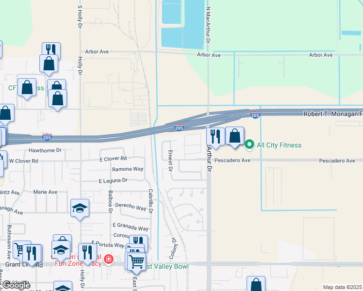 map of restaurants, bars, coffee shops, grocery stores, and more near 3513 Bungalows Drive in Tracy