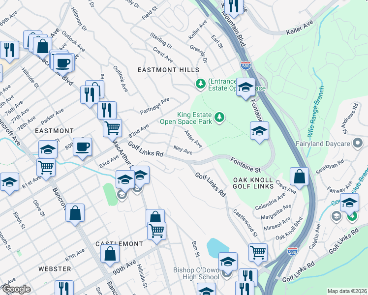 map of restaurants, bars, coffee shops, grocery stores, and more near 8454 Ney Avenue in Oakland