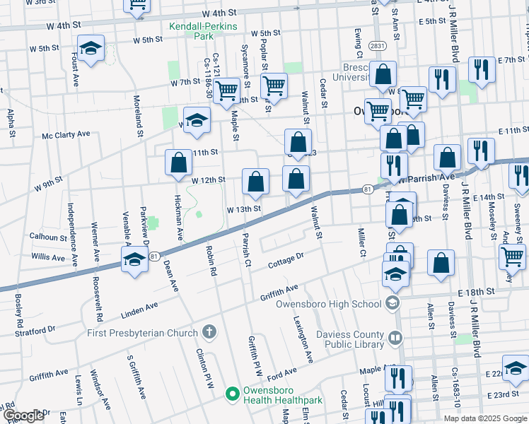 map of restaurants, bars, coffee shops, grocery stores, and more near 911 West Parrish Avenue in Owensboro