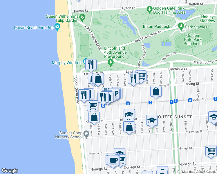 map of restaurants, bars, coffee shops, grocery stores, and more near 4412 Irving Street in San Francisco