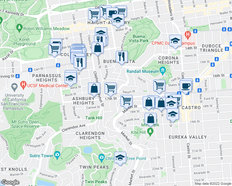 map of restaurants, bars, coffee shops, grocery stores, and more near Roosevelt Way & Saturn St in San Francisco