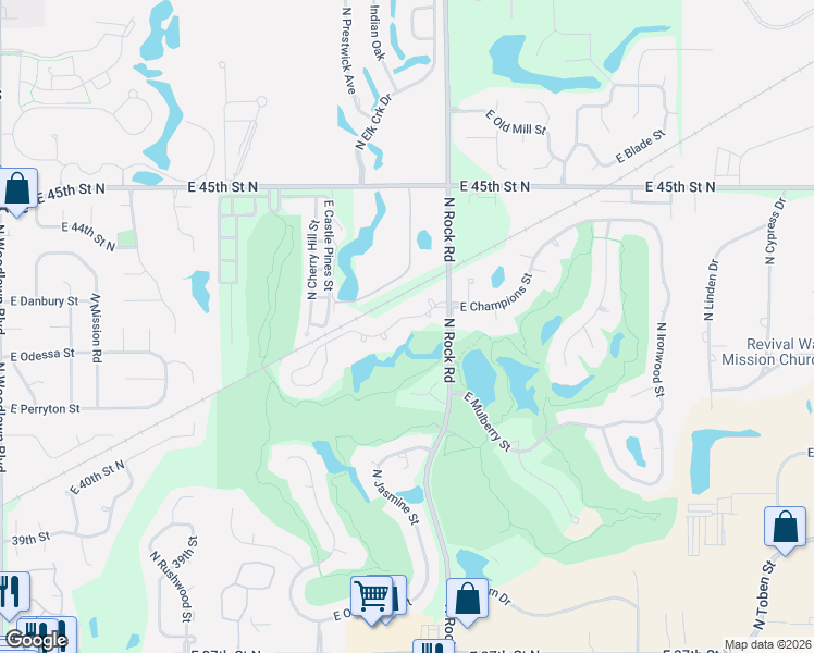 map of restaurants, bars, coffee shops, grocery stores, and more near 7811 East Champions Circle in Wichita