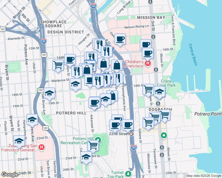 map of restaurants, bars, coffee shops, grocery stores, and more near 301 Texas Street in San Francisco