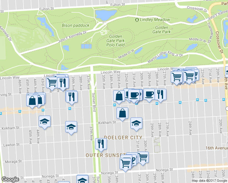 map of restaurants, bars, coffee shops, grocery stores, and more near 1314 34th Avenue in San Francisco