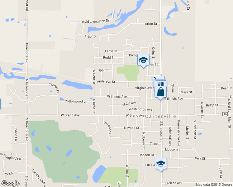 map of restaurants, bars, coffee shops, grocery stores, and more near 111 Chutt St in Carterville