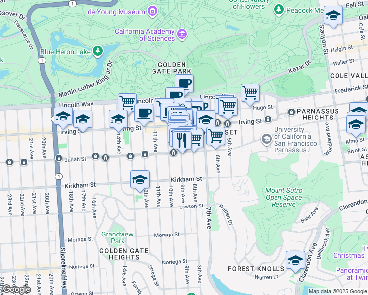 map of restaurants, bars, coffee shops, grocery stores, and more near 1382 9th Avenue in San Francisco