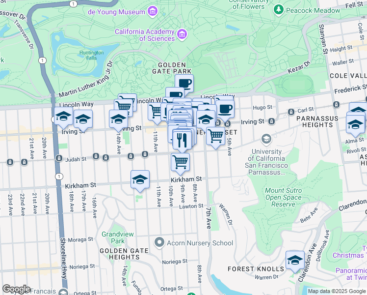 map of restaurants, bars, coffee shops, grocery stores, and more near 1382 9th Avenue in San Francisco