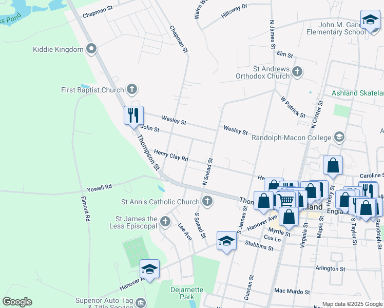 map of restaurants, bars, coffee shops, grocery stores, and more near 203 Dewey Street in Ashland