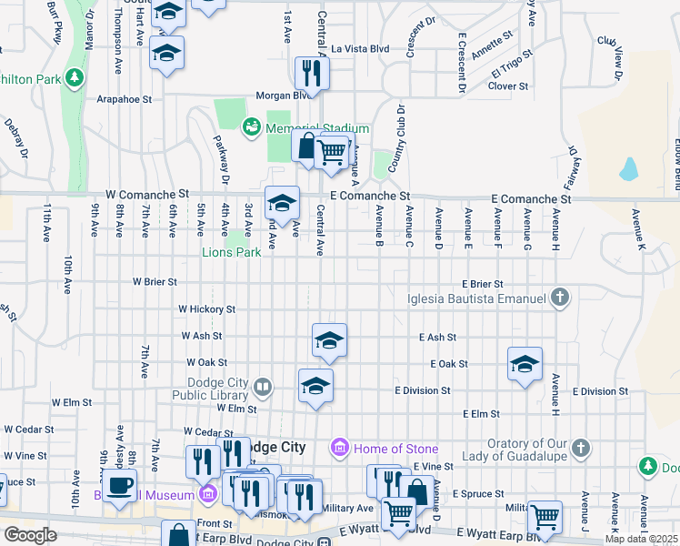 map of restaurants, bars, coffee shops, grocery stores, and more near 1505 Avenue A in Dodge City