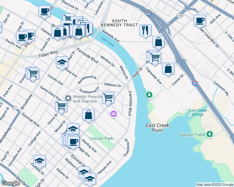 map of restaurants, bars, coffee shops, grocery stores, and more near 3122 Bayo Vista Avenue in Alameda