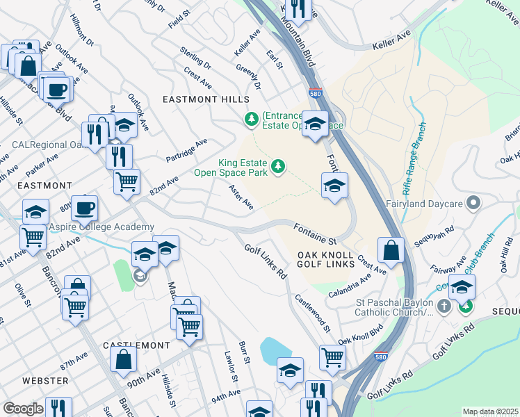 map of restaurants, bars, coffee shops, grocery stores, and more near 8598 Ney Avenue in Oakland