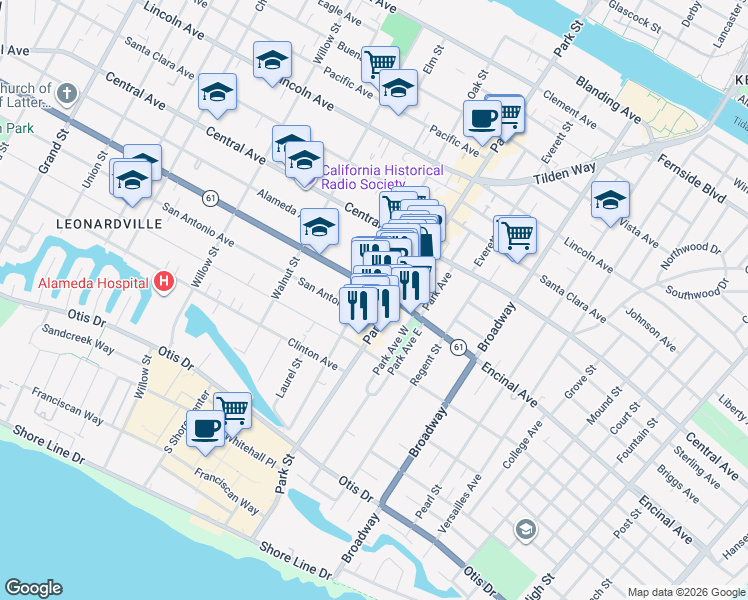 map of restaurants, bars, coffee shops, grocery stores, and more near 2308 Encinal Avenue in Alameda