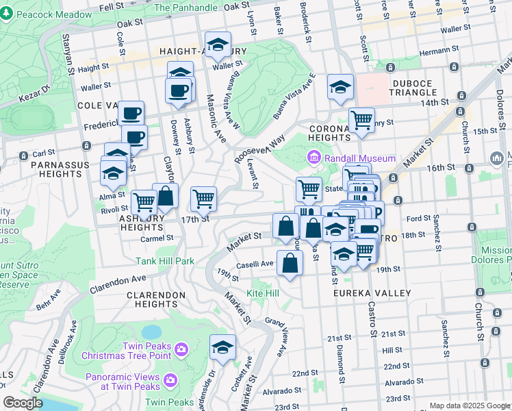 map of restaurants, bars, coffee shops, grocery stores, and more near 53 Saturn Street in San Francisco