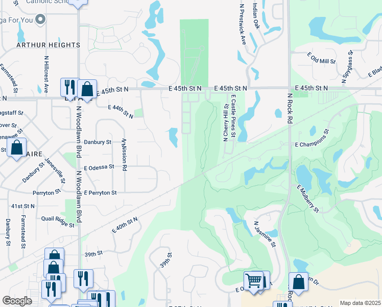 map of restaurants, bars, coffee shops, grocery stores, and more near 4318 Barton Creek Circle in Wichita