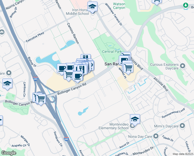 map of restaurants, bars, coffee shops, grocery stores, and more near 6121 Bollinger Canyon Road in San Ramon