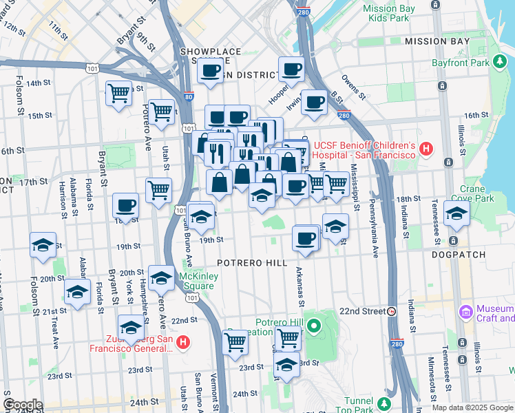 map of restaurants, bars, coffee shops, grocery stores, and more near 596 De Haro Street in San Francisco