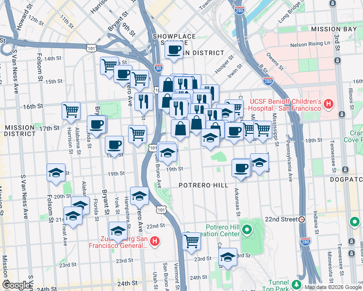 map of restaurants, bars, coffee shops, grocery stores, and more near 575 Kansas Street in San Francisco
