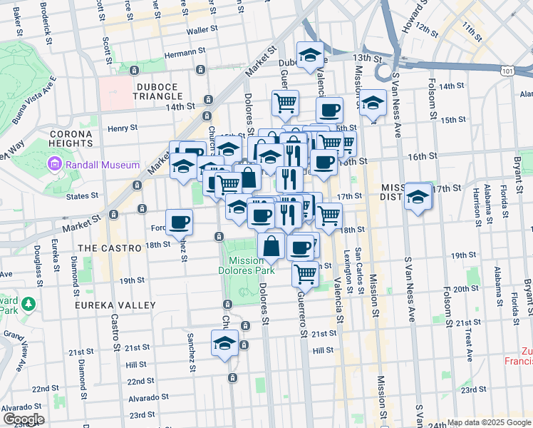 map of restaurants, bars, coffee shops, grocery stores, and more near 51 Dolores Terrace in San Francisco