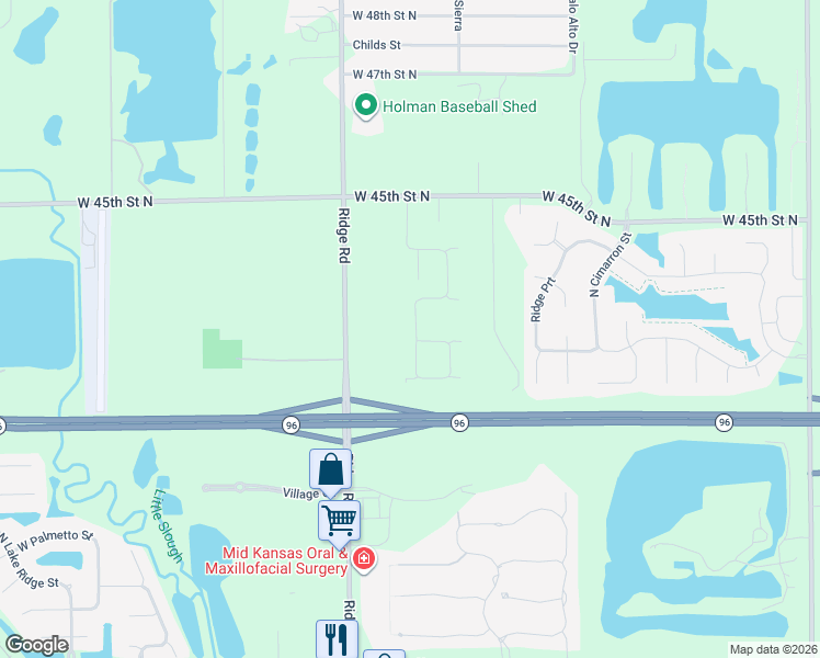 map of restaurants, bars, coffee shops, grocery stores, and more near 4330 North Ridge Road in Wichita