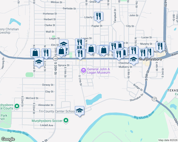 map of restaurants, bars, coffee shops, grocery stores, and more near 1518 Edith Street in Murphysboro