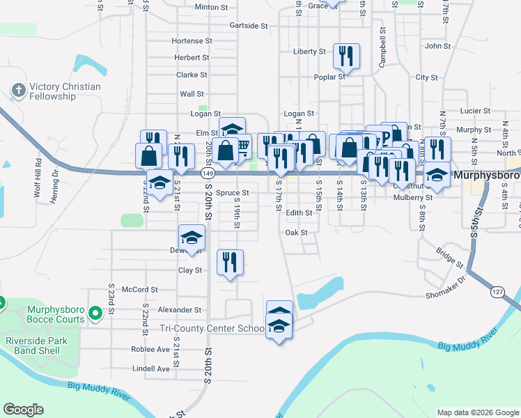 map of restaurants, bars, coffee shops, grocery stores, and more near 1816 South 18th Street in Murphysboro