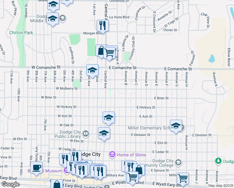 map of restaurants, bars, coffee shops, grocery stores, and more near 1505 Avenue A in Dodge City