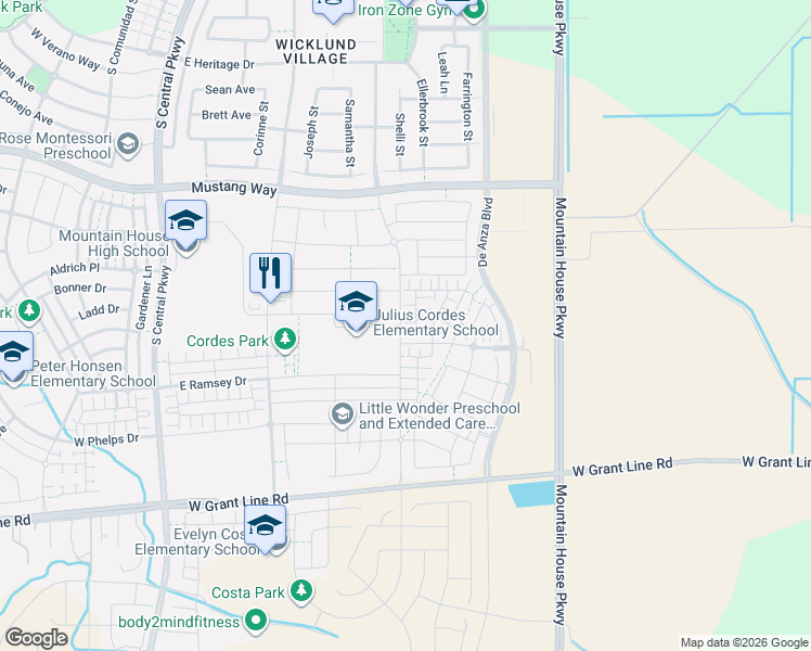 map of restaurants, bars, coffee shops, grocery stores, and more near 1245 Buckthorn Drive in Mountain House