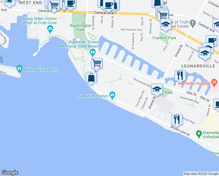 map of restaurants, bars, coffee shops, grocery stores, and more near 960 Shorepoint Court in Alameda