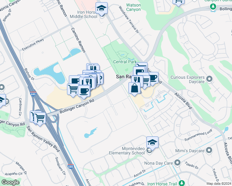 map of restaurants, bars, coffee shops, grocery stores, and more near 6131 Bollinger Canyon Road in San Ramon