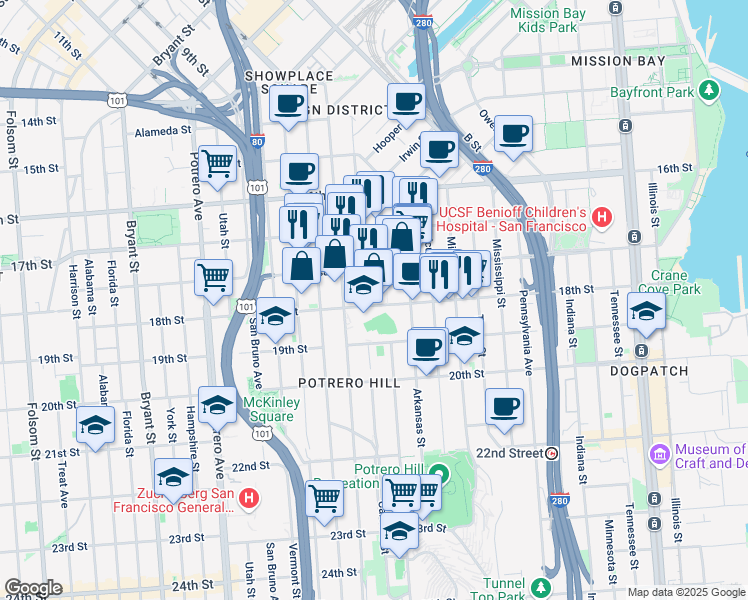 map of restaurants, bars, coffee shops, grocery stores, and more near 1766A 18th Street in San Francisco