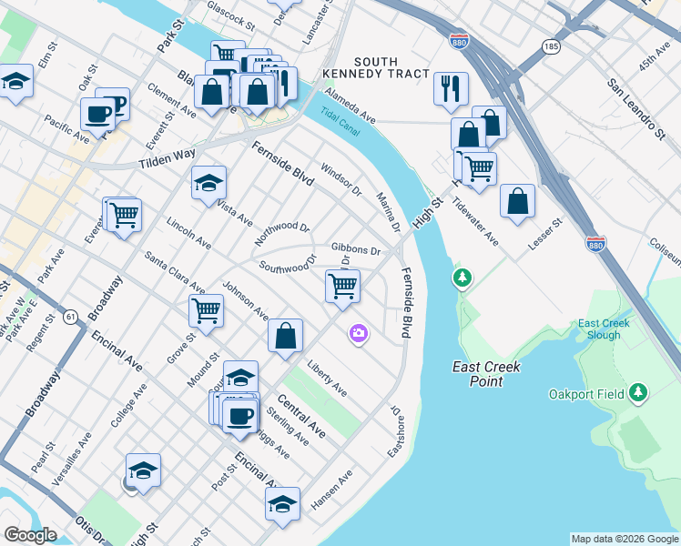map of restaurants, bars, coffee shops, grocery stores, and more near 1723 Cornell Drive in Alameda
