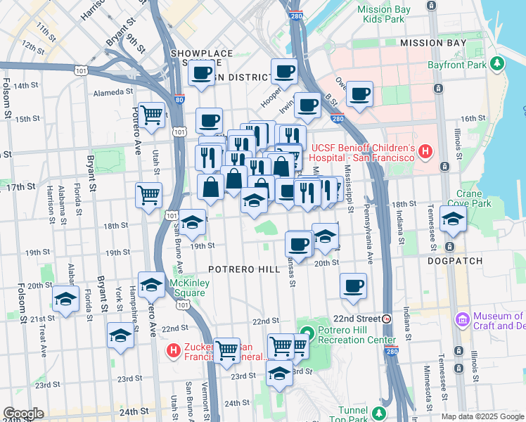map of restaurants, bars, coffee shops, grocery stores, and more near 1766A 18th Street in San Francisco