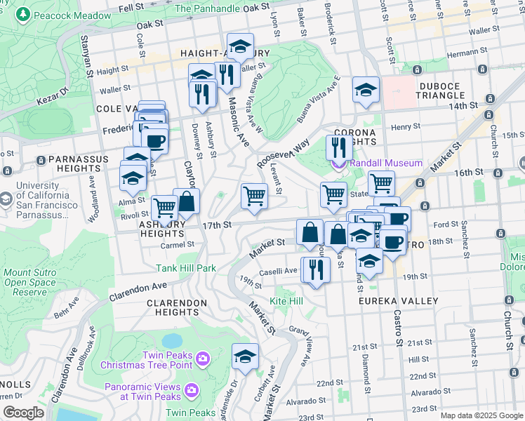 map of restaurants, bars, coffee shops, grocery stores, and more near Saturn St & Temple St in San Francisco