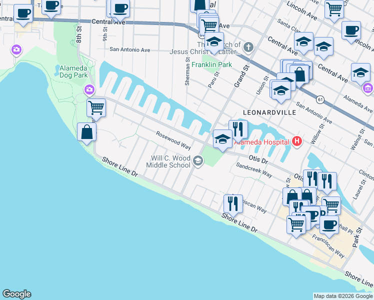 map of restaurants, bars, coffee shops, grocery stores, and more near 1244 Rosewood Way in Alameda