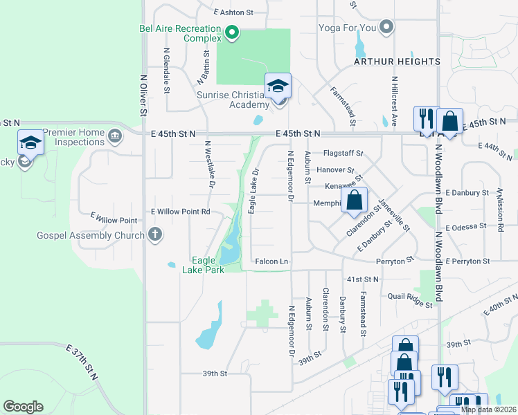 map of restaurants, bars, coffee shops, grocery stores, and more near 4386 Eagle Lake Court in Bel Aire