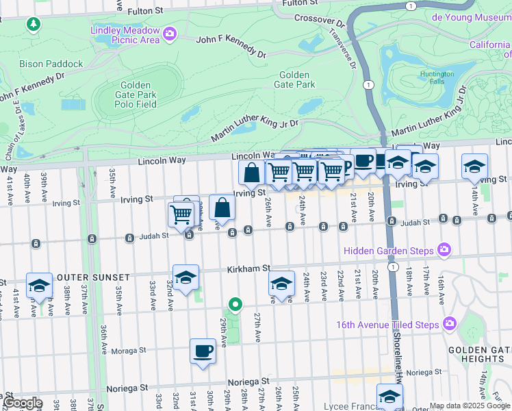 map of restaurants, bars, coffee shops, grocery stores, and more near 1332 27th Avenue in San Francisco