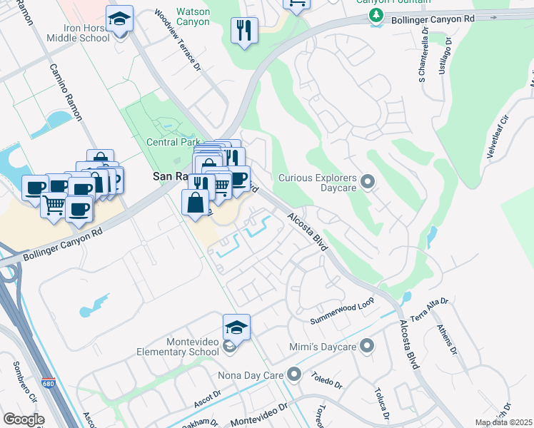 map of restaurants, bars, coffee shops, grocery stores, and more near 135 Reflections Drive in San Ramon