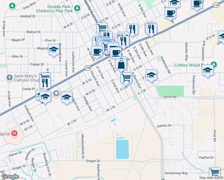 map of restaurants, bars, coffee shops, grocery stores, and more near 349 South 1st Avenue in Oakdale