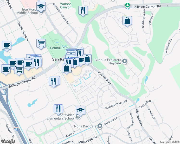 map of restaurants, bars, coffee shops, grocery stores, and more near 135 Reflections Drive in San Ramon