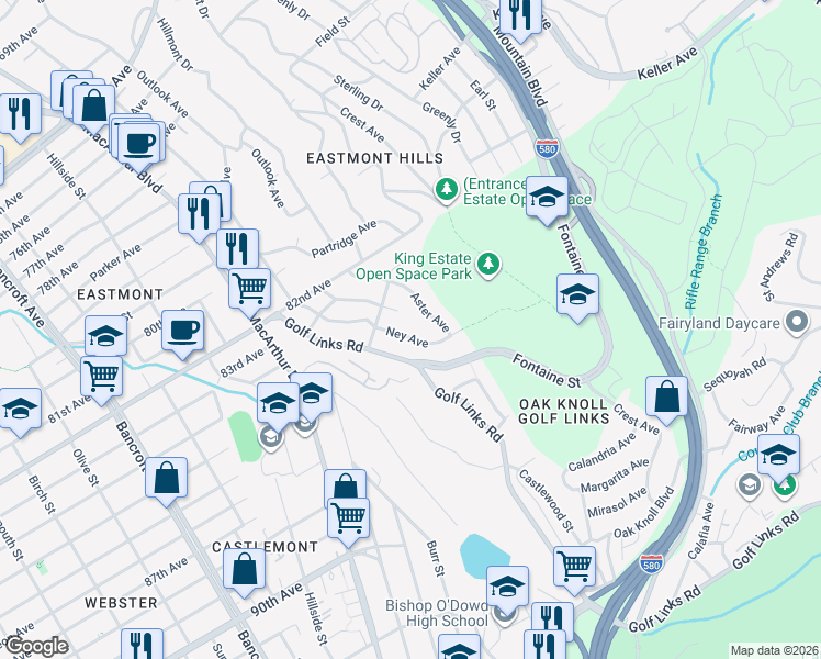 map of restaurants, bars, coffee shops, grocery stores, and more near 8454 Ney Avenue in Oakland