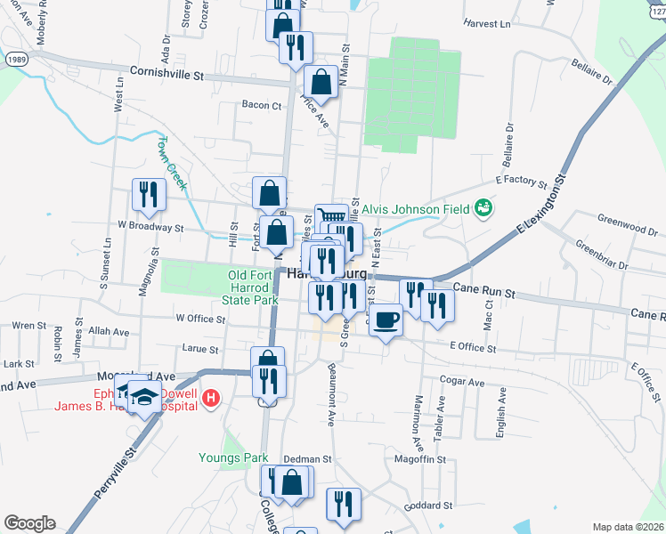 map of restaurants, bars, coffee shops, grocery stores, and more near 105 North Main Street in Harrodsburg