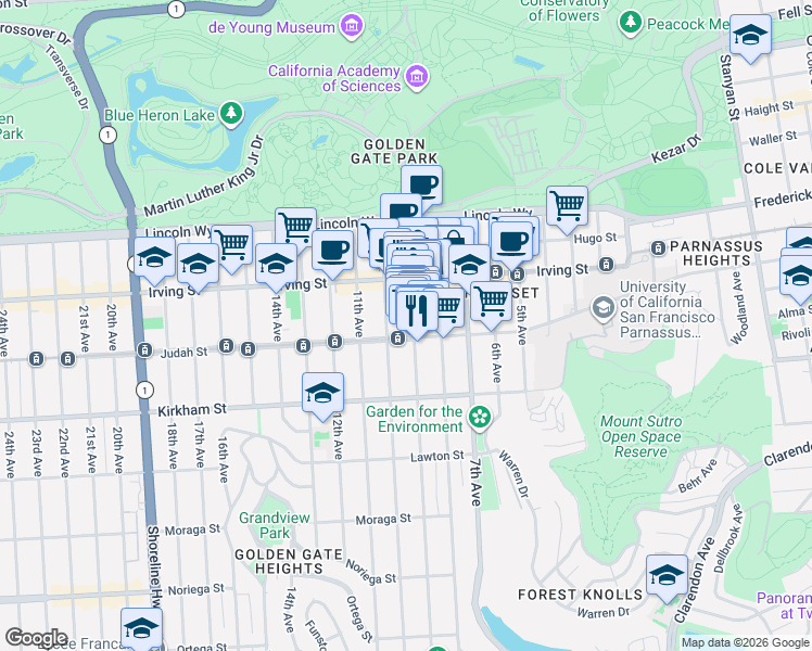 map of restaurants, bars, coffee shops, grocery stores, and more near 1382 9th Avenue in San Francisco