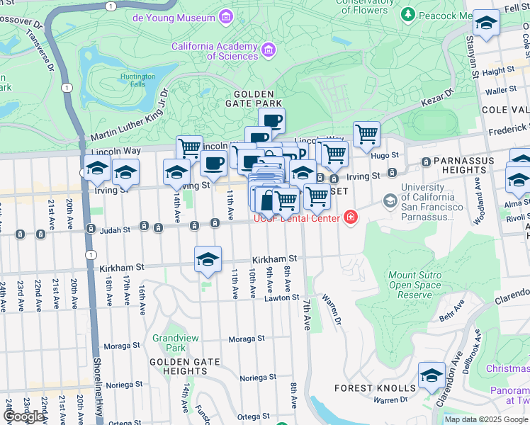 map of restaurants, bars, coffee shops, grocery stores, and more near 1382 9th Avenue in San Francisco
